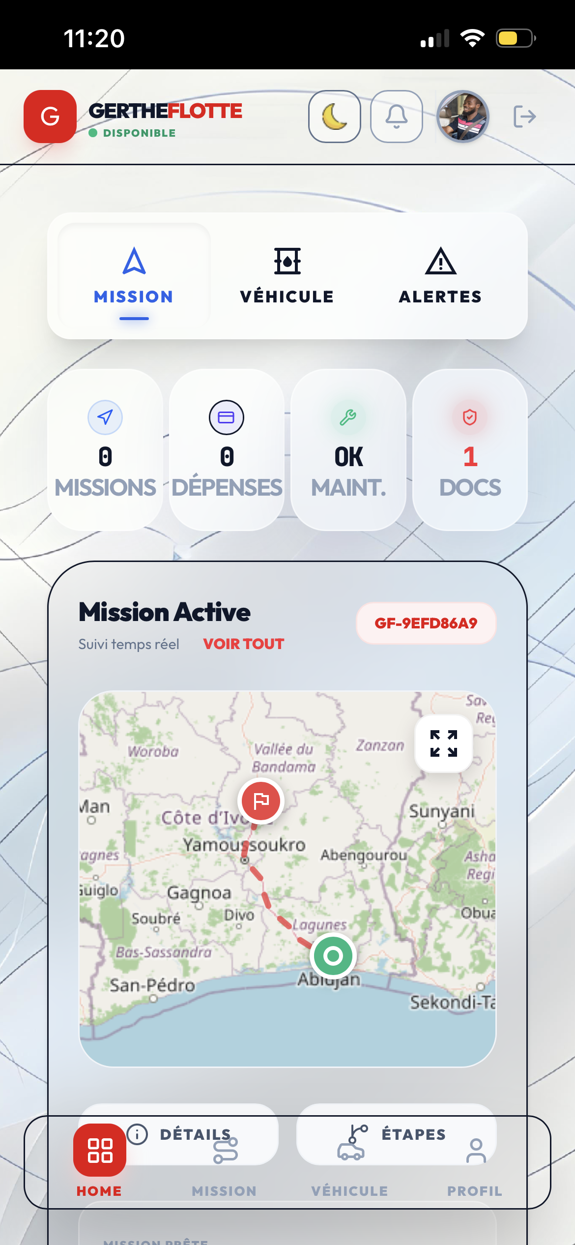 Ecran Chauffeur - Mission active