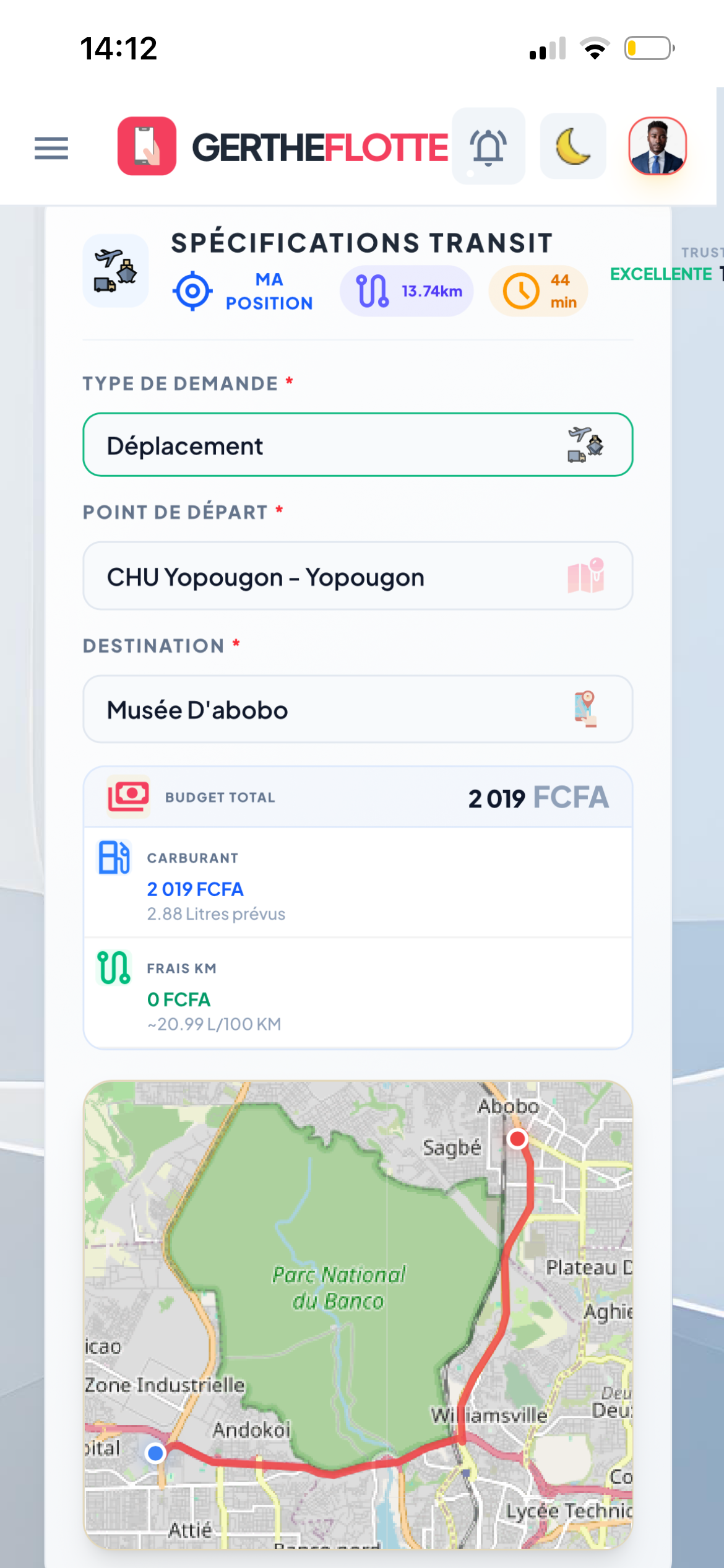 Ecran Client - Estimation coûts et carburant
